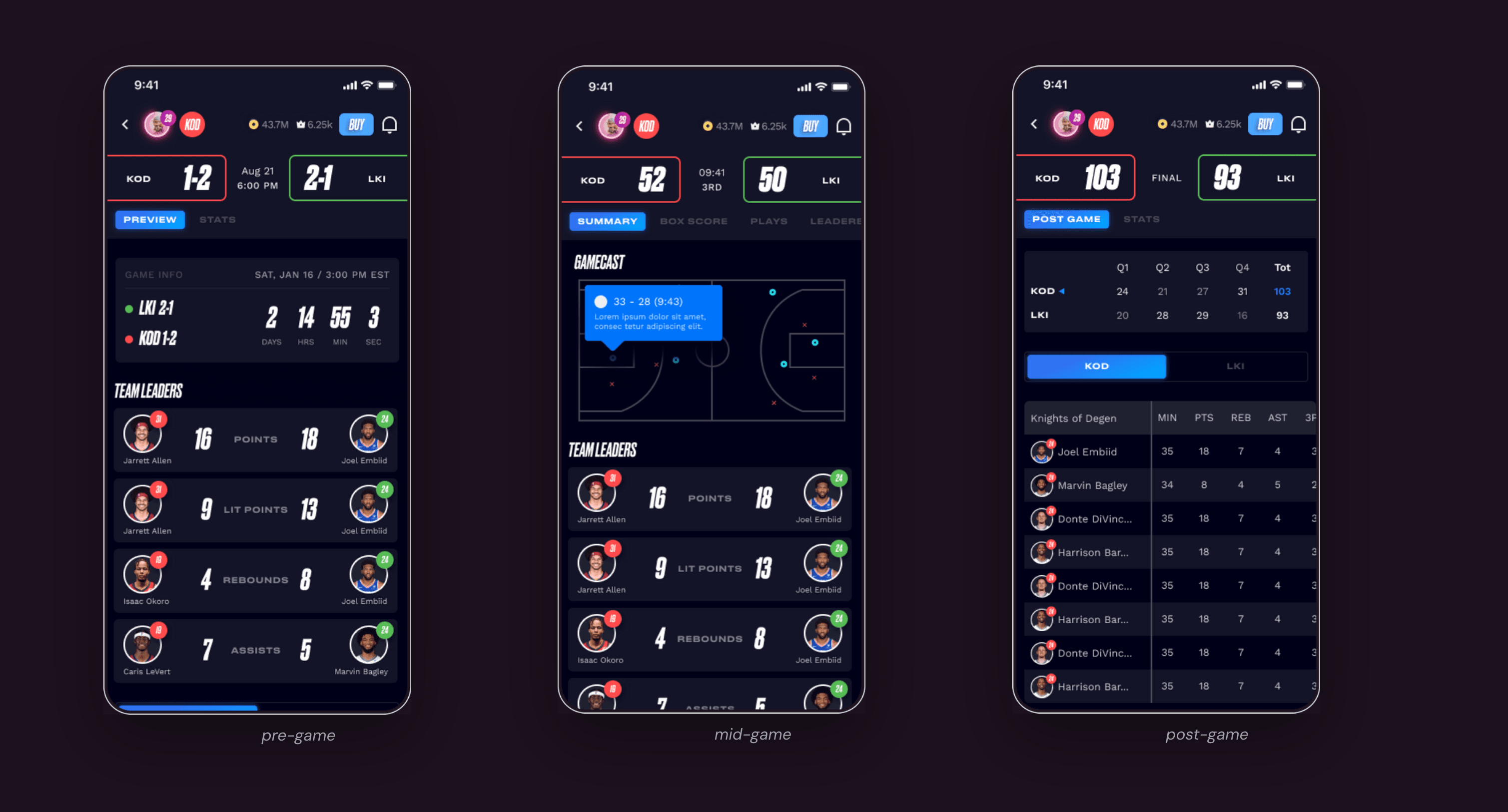 Pre, mid & post-game