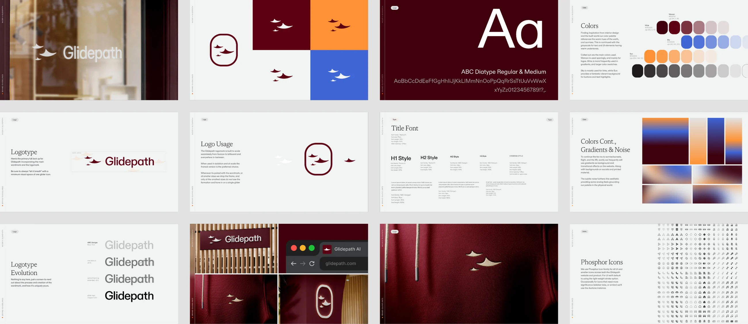Twelve pages of the Glidepath brand guidelines — logotype and logo usage, the ABC Diatype type system, colors and gradients, the logotype’s evolution, signage and embroidery mockups, and the Phosphor icon set