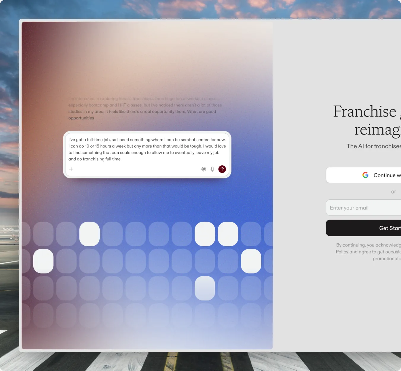 The Glidepath sign-in screen — the headline, Continue with Google and an email field beside a voice-and-chat prompt on a blue-to-peach gradient — floating over a photo of a cloud-streaked sky