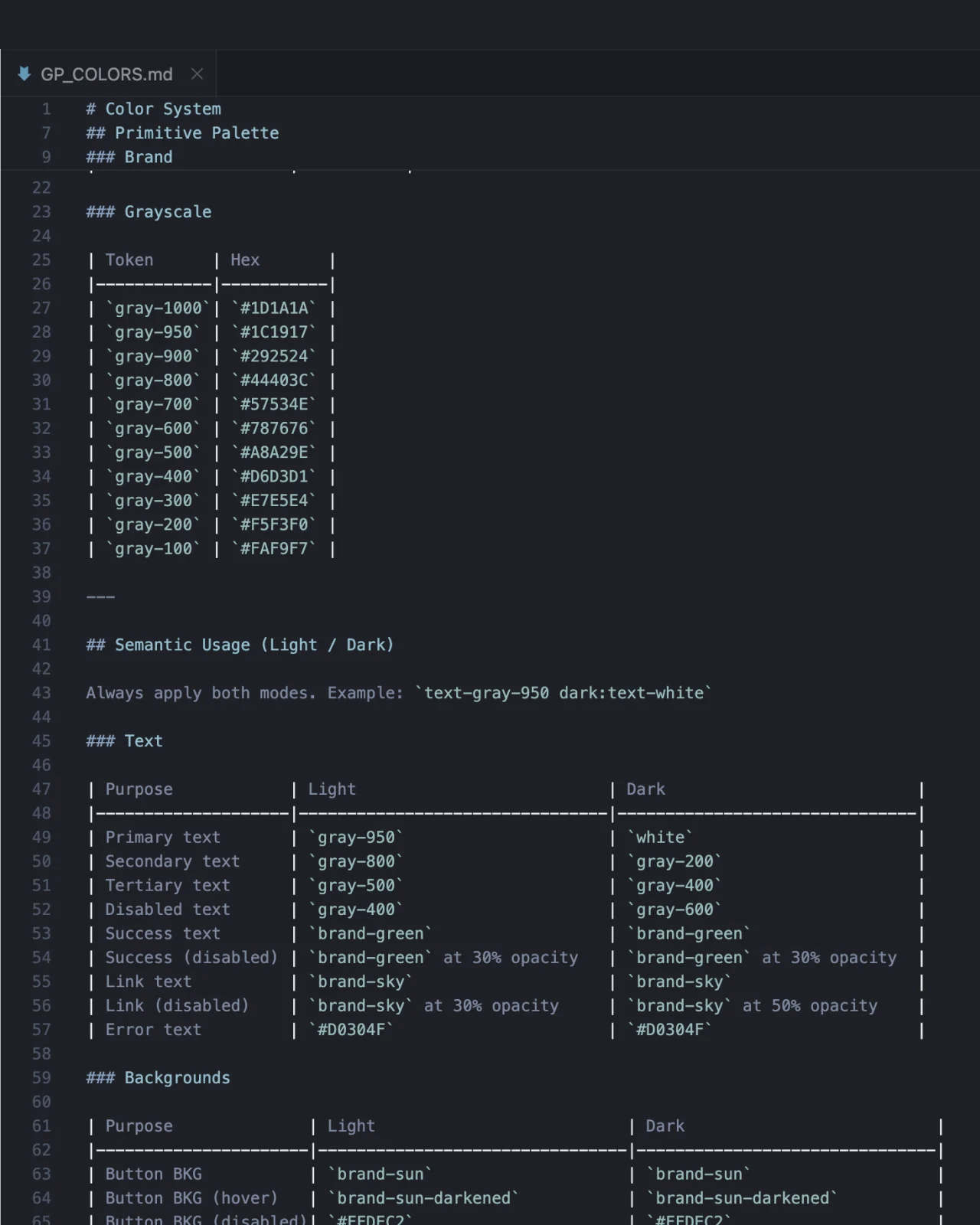 GP_COLORS.md open in a code editor — the same palette written out as a markdown color system, with light and dark semantic usage tables, for agents and developers
