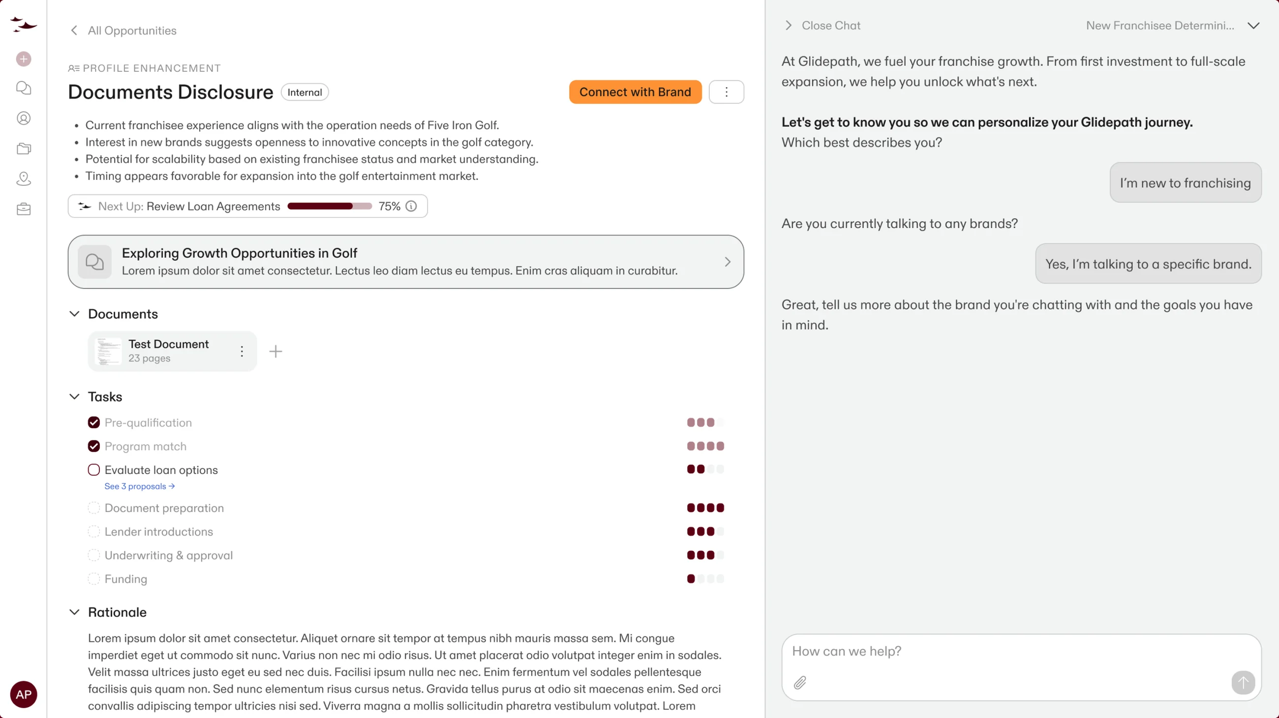 A Glidepath opportunity view — “Documents Disclosure” with its fit summary, next step, documents and task list — beside the assistant chat asking about the franchisee’s goals