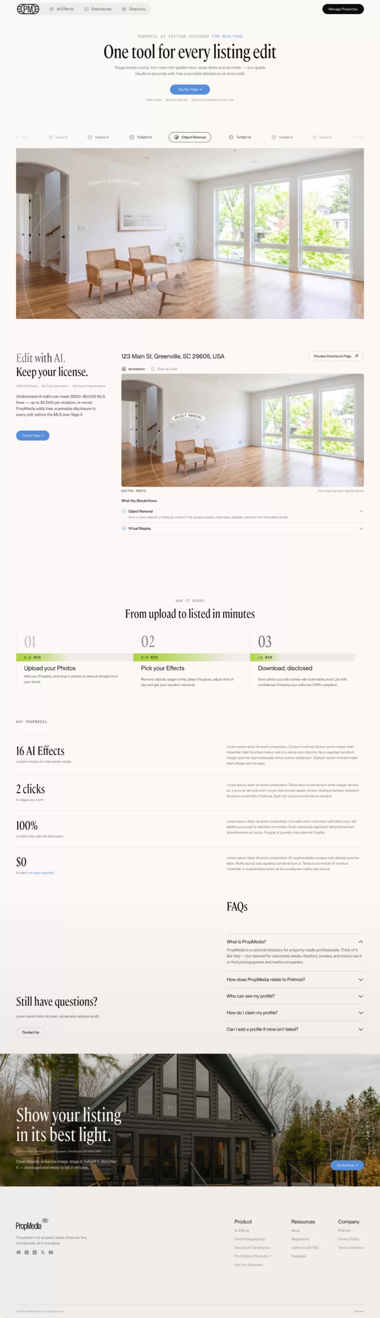 PropMedia marketing site — “Edit with AI. Keep your license.” and the how-it-works steps