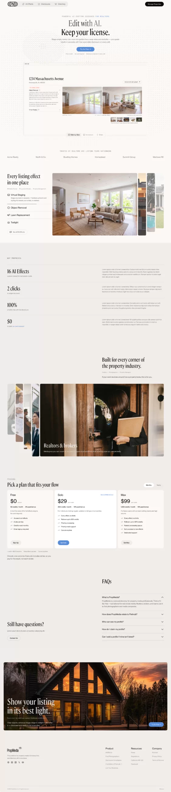 PropMedia marketing site — “Built for every corner of the property industry” and pricing