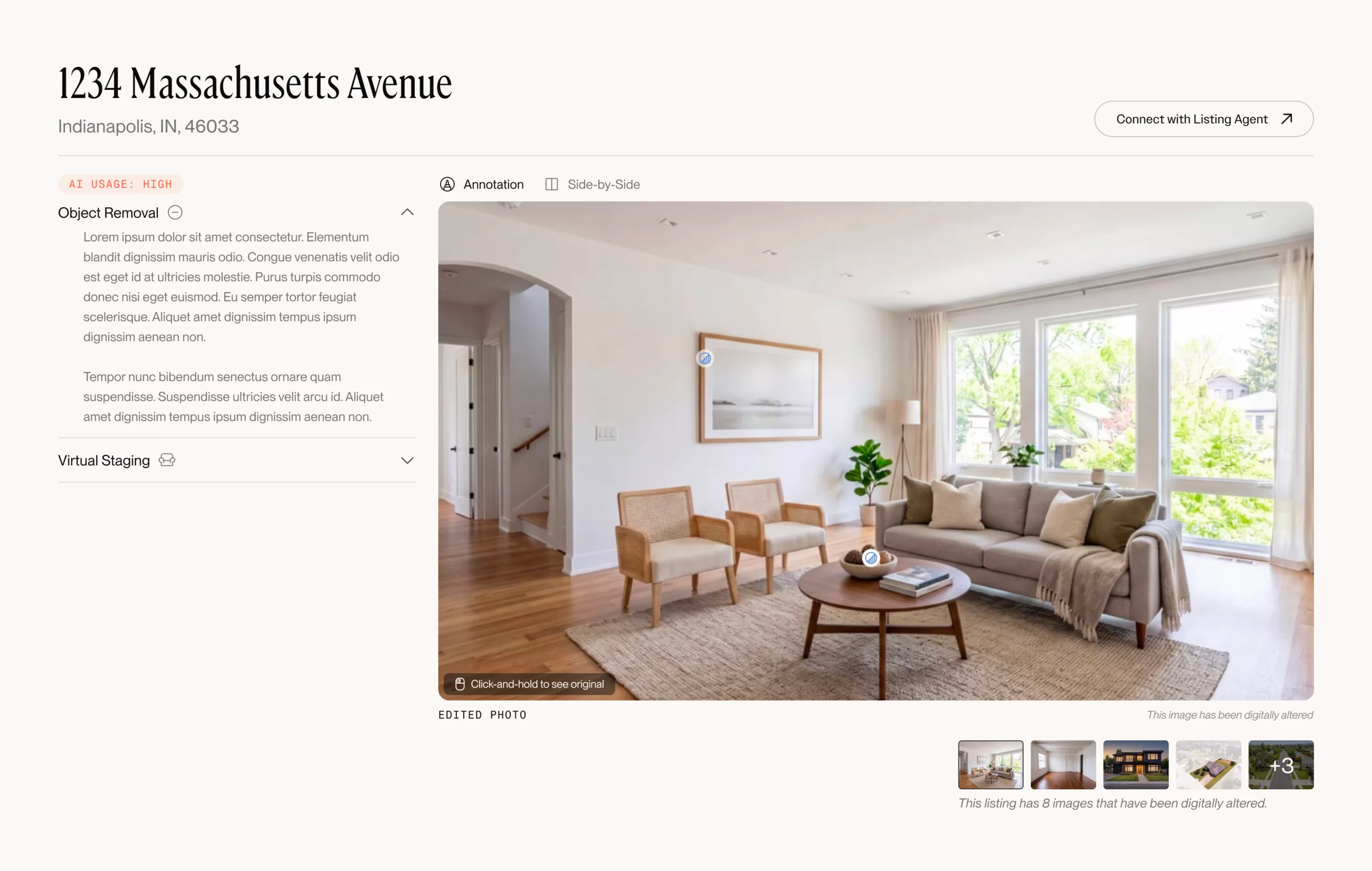PropMedia public disclosure page for 1234 Massachusetts Avenue — the edited photo with its AI-usage notes