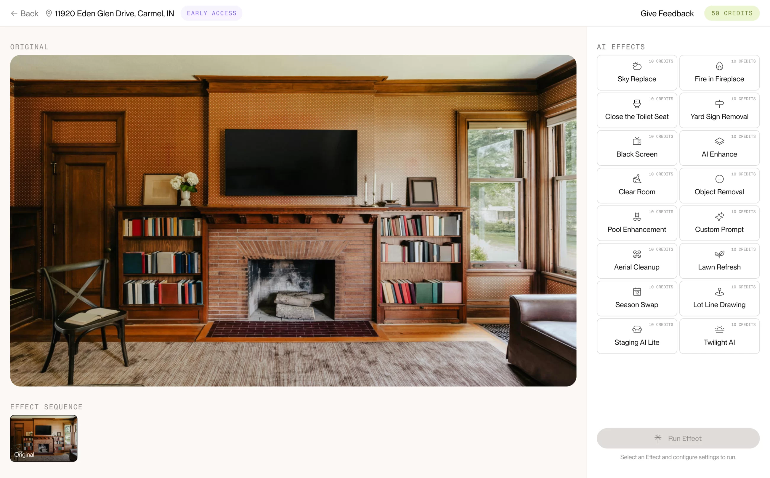 The PropMedia editor — an original listing photo beside the AI Effects panel