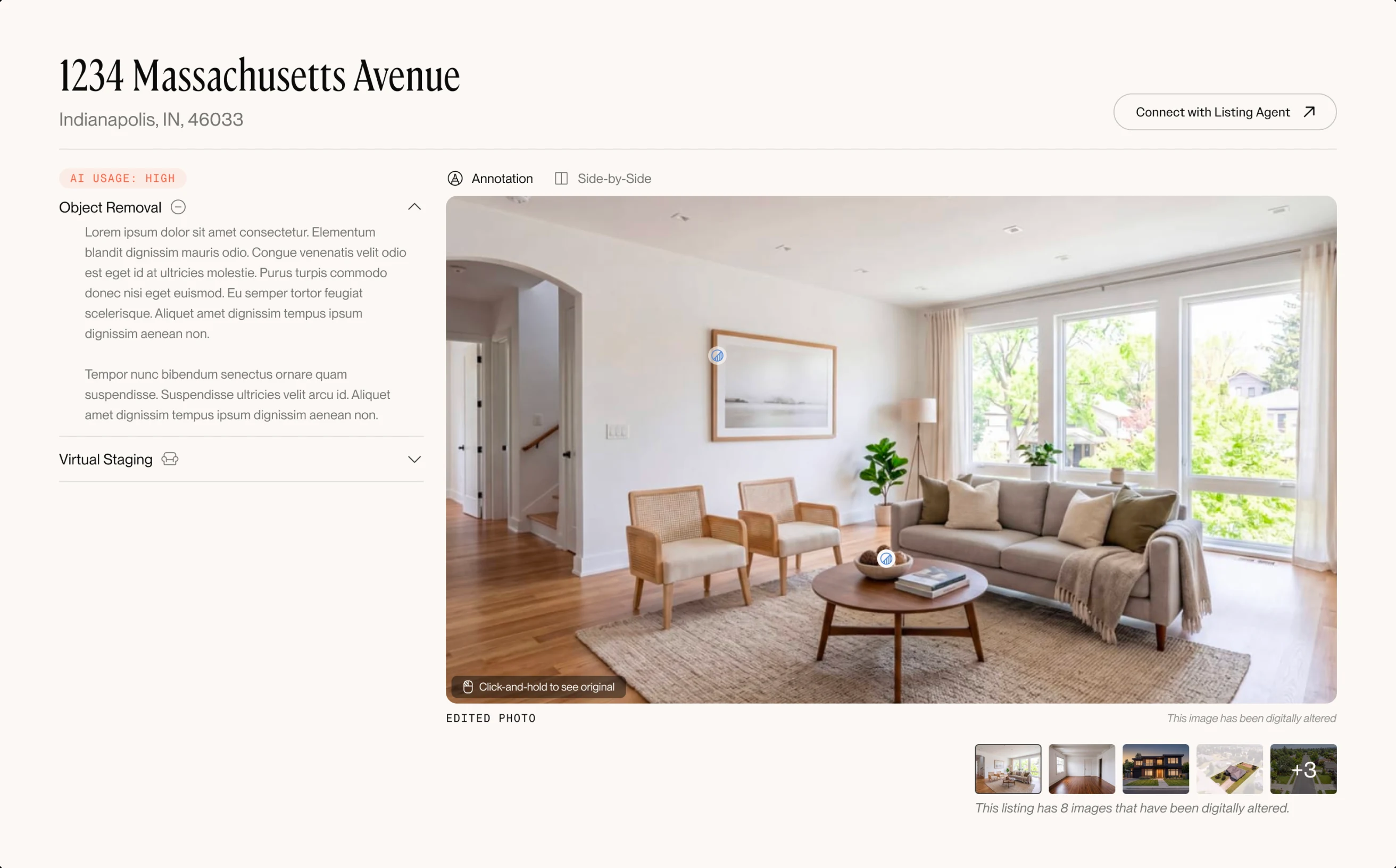 PropMedia public disclosure page for 1234 Massachusetts Avenue — the edited photo with its AI-usage notes