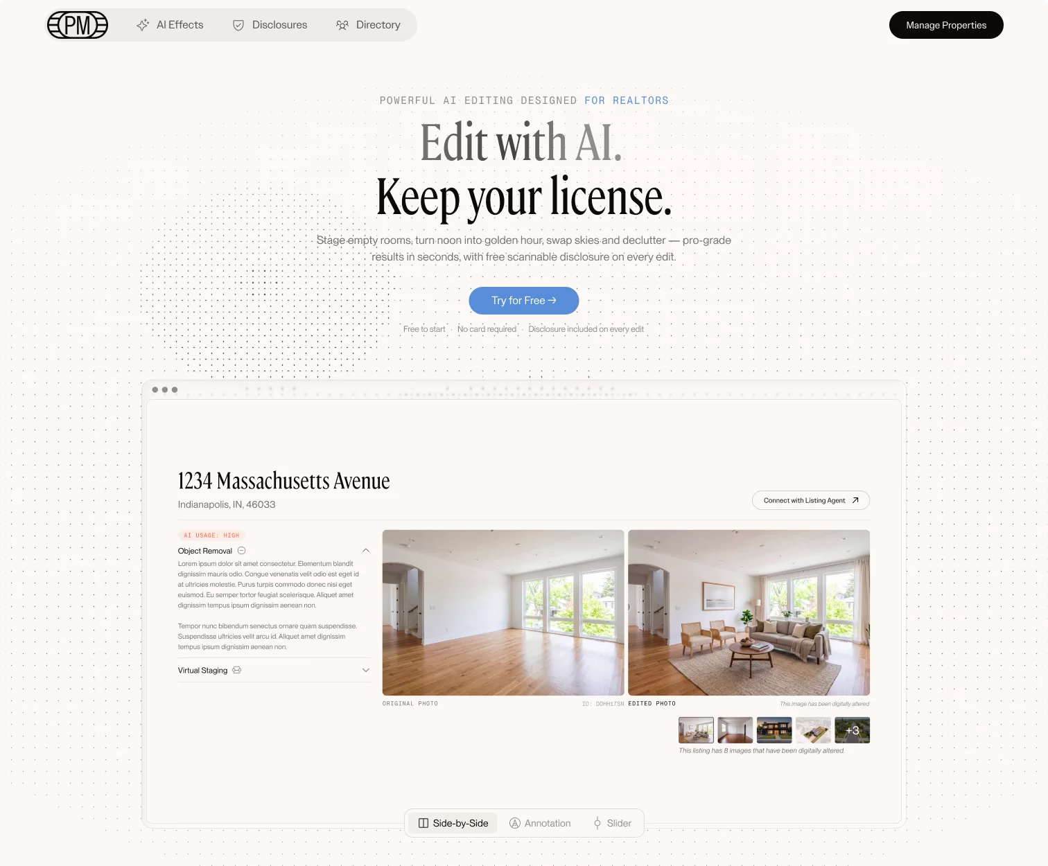 PropMedia marketing site — the landing page hero, “One tool for every listing edit”