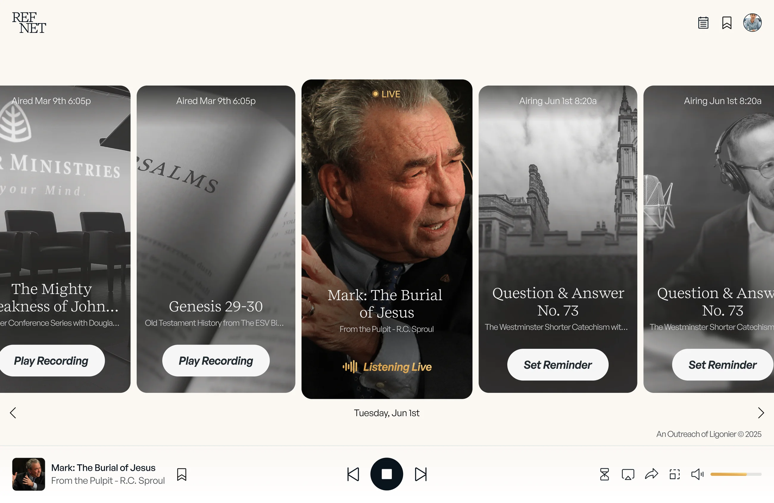 The RefNet web app’s home — a carousel of program cards with “Mark: The Burial of Jesus” listening live at the centre, aired recordings to the left and upcoming reminders to the right, above the player bar
