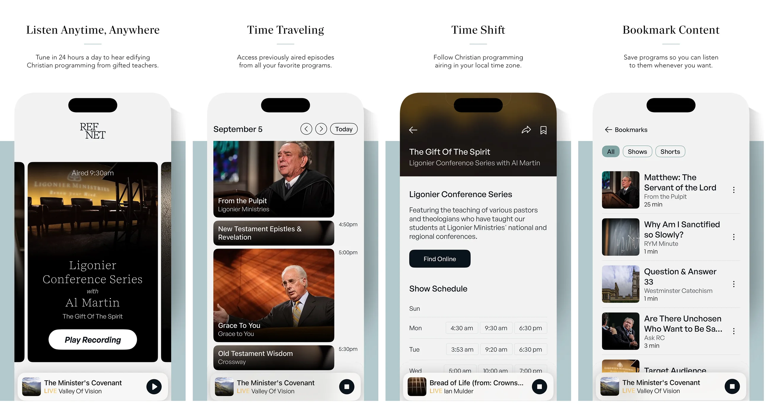 Four App Store panels for the RefNet iOS app — Listen Anytime, Anywhere · Time Traveling · Time Shift · Bookmark Content — each over an iPhone screen