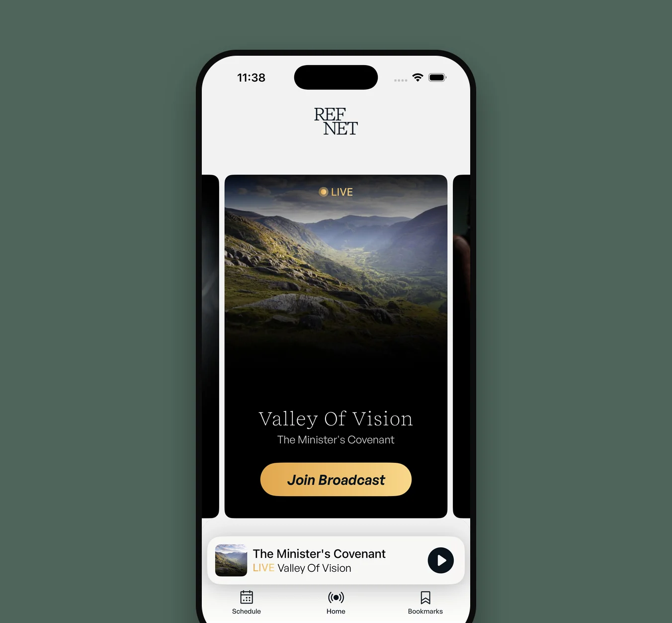The RefNet iOS home on a green card — the live program “Valley Of Vision: The Minister’s Covenant” with a gold Join Broadcast button above the mini player