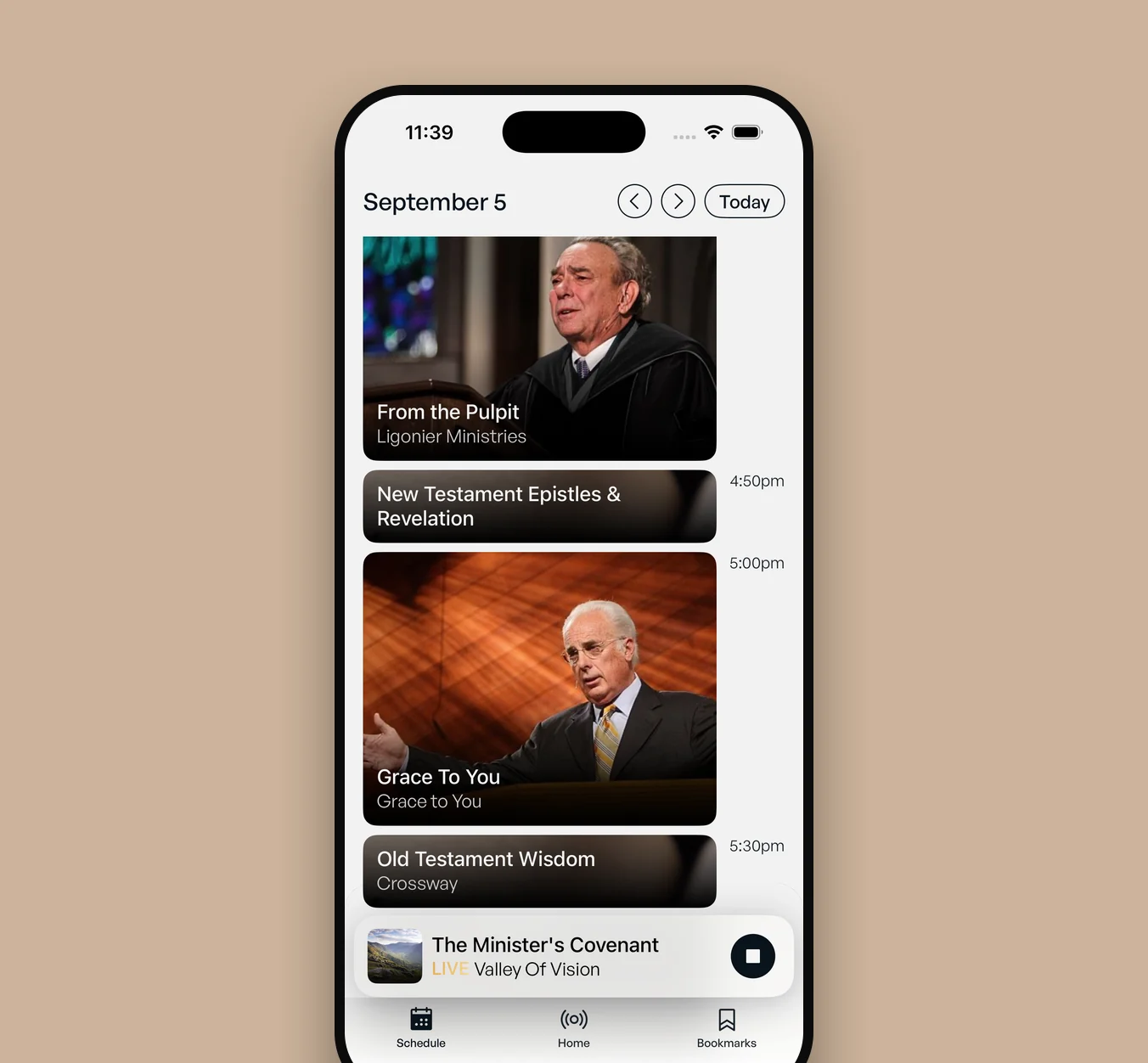 The RefNet iOS schedule for September 5 on a tan card — “From the Pulpit”, “New Testament Epistles & Revelation”, “Grace To You” and “Old Testament Wisdom” stacked by air time