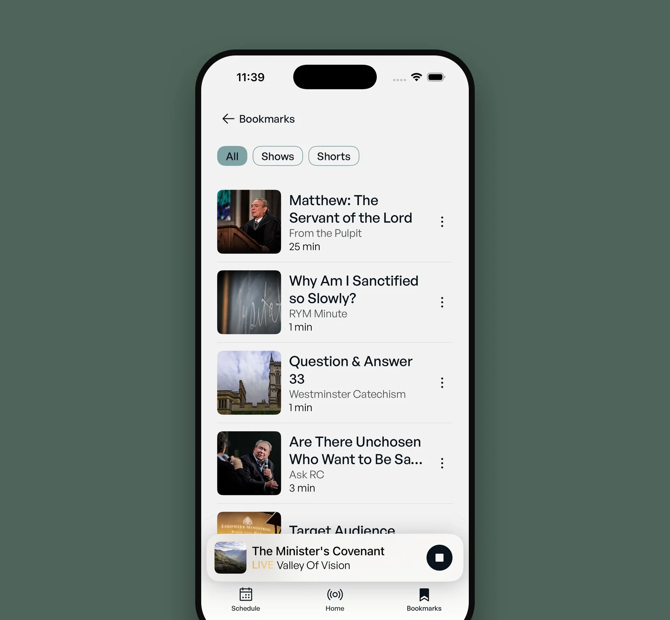 The RefNet iOS Bookmarks list on a green card — saved programs filtered by All, Shows and Shorts, each with its series and running time
